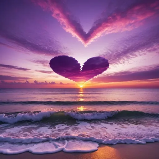 Prompt: Bright, vivid, Violet sunset over the sea with clouds in the shape of heart over horizon