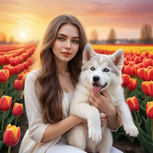 Prompt: Hyper-realistic, high resolution, detailed, young beautiful woman-model with long wavy hair is holding a white husky puppy, sitting among vividly bright tulips at the red-yellow sunset