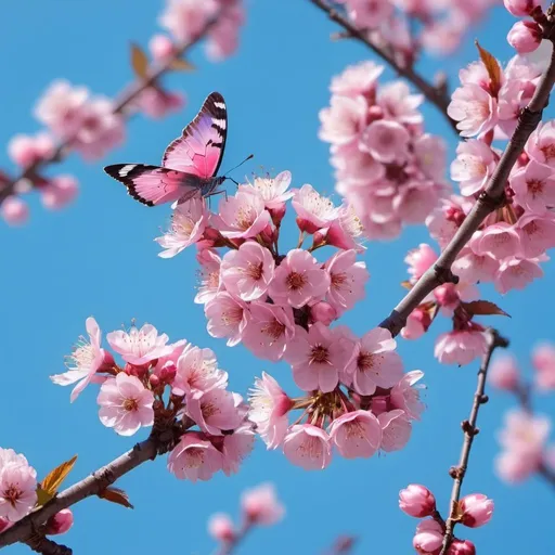 Prompt: Blue skies, pink blossoming cherry branches with vividly bright butterfly