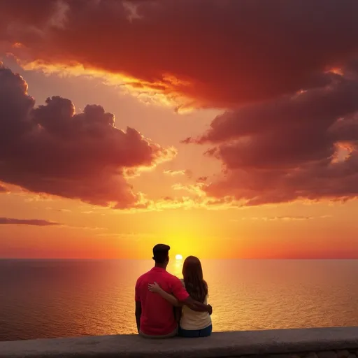 Prompt: Square image of a young couple watching red-yellow sunset by the sea
