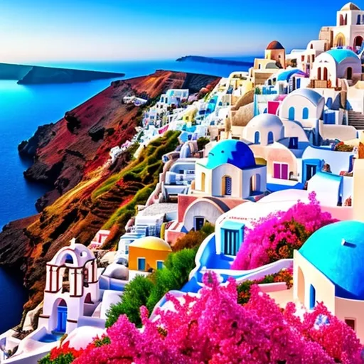 Prompt: High resolution, hyper-realistic, Greece Santorini in spring with blossoming magenta flowers and blue skies