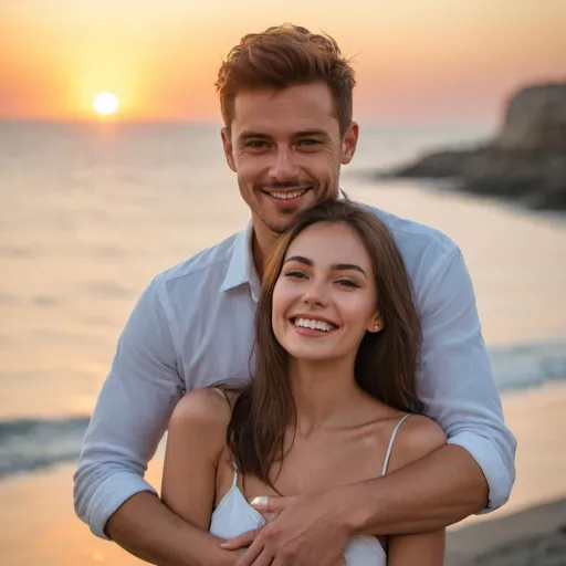 Prompt: A portrait of a happy handsome man is emracing young, happy beautiful woman-model at the sunset by the sea