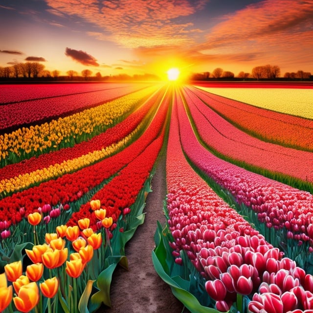 Prompt: High resolution, hyper-realistic, Holland in spring with blossoming magenta tulips field and vivid red-gold sunset 