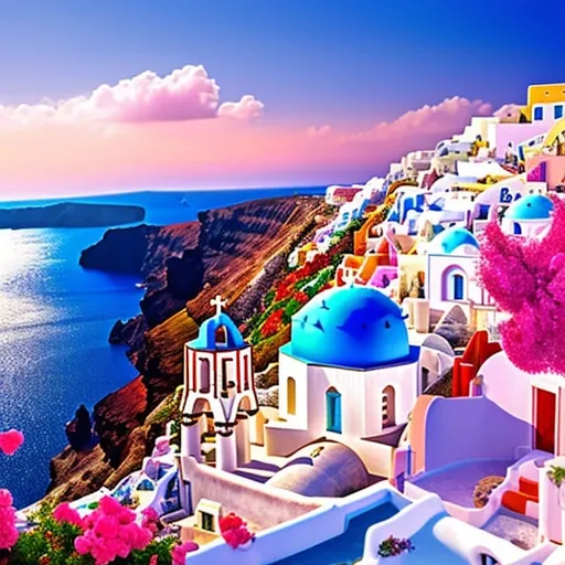 Prompt: High resolution, hyper-realistic, Greece Santorini in spring with blossoming magenta flowers and blue skies