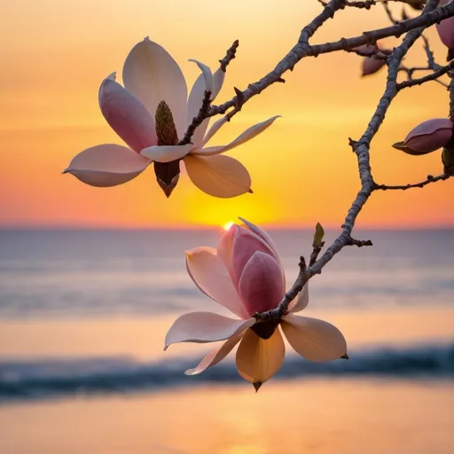 Prompt: Blossoming Macro magnolia branches over the sea at the red-yellow sunset