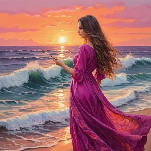 Prompt: A beautiful young woman with long hair, in magenta shifon dress is standing and painting by the sea, waves, orange sunset, detailed 