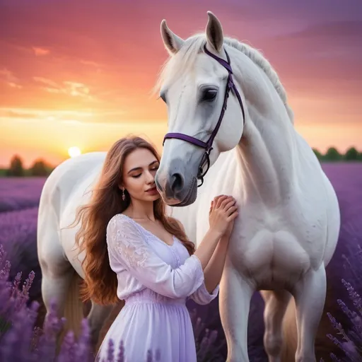 Prompt: A beautiful young woman with long wavy hair embraces the arabian white horse in the vividly bright lavender field at the red sunset