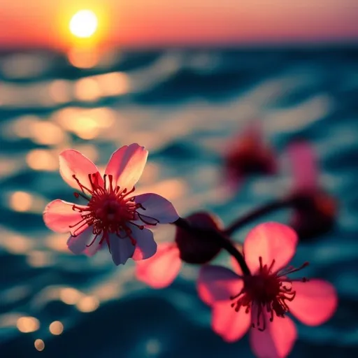 Prompt:  Macro Cherry flowers in the background of the sea at the sunset