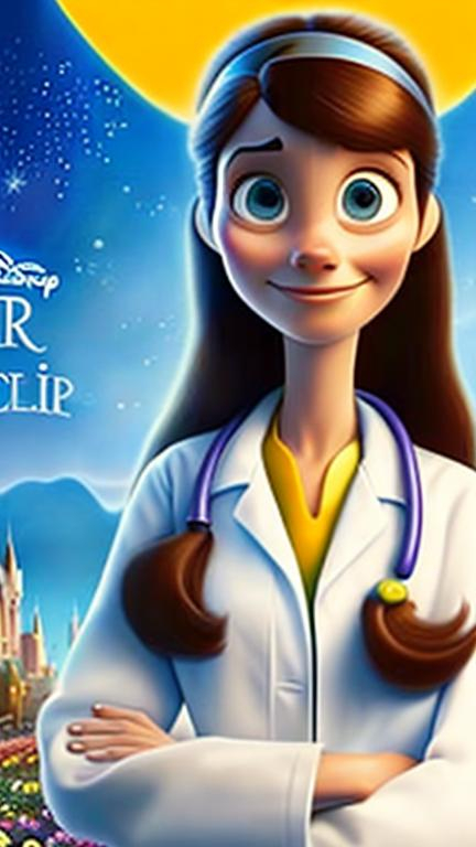 Prompt: Disney Pixar movie poster about a nutritionist called Federica with long brown hair working with her lab coat