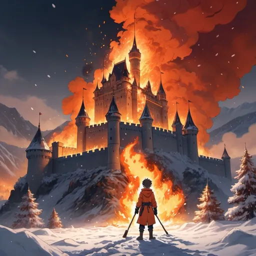 Prompt: (Anime style boy), standing on snowy ground, bringing fire down from the sky onto a castle, warm color scheme, dramatic lighting, glowing fire, detailed snowflakes, mystical atmosphere, castle engulfed in flames, intricate anime detailing, high contrast between snow and fire, emotional intensity, vibrant reds and oranges, serene snow-covered landscape, contrast with raging fire, ultra-detailed, 4K, cinematic masterpiece