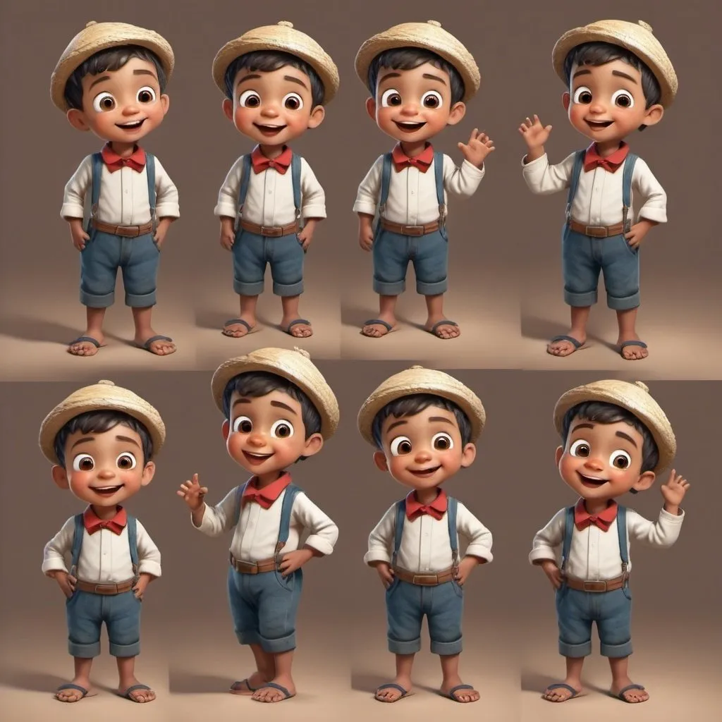 Prompt: A happy little village boy with different positions like standing, sitting and sleeping 