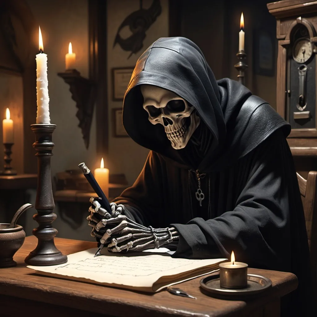 Prompt: Grim reaper sitting at a table writing with a quill pen on a scroll with a single candle on the table.
Payphone in background