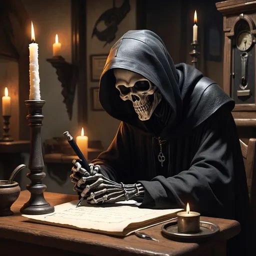 Prompt: Grim reaper sitting at a table writing with a quill pen on a scroll with a single candle on the table.
Payphone in background