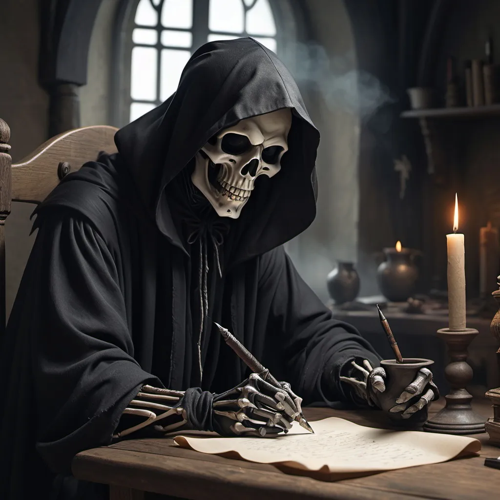 Prompt: The grim reaper sitting at a table writing on a scroll with a quill penwith a Phone on the table