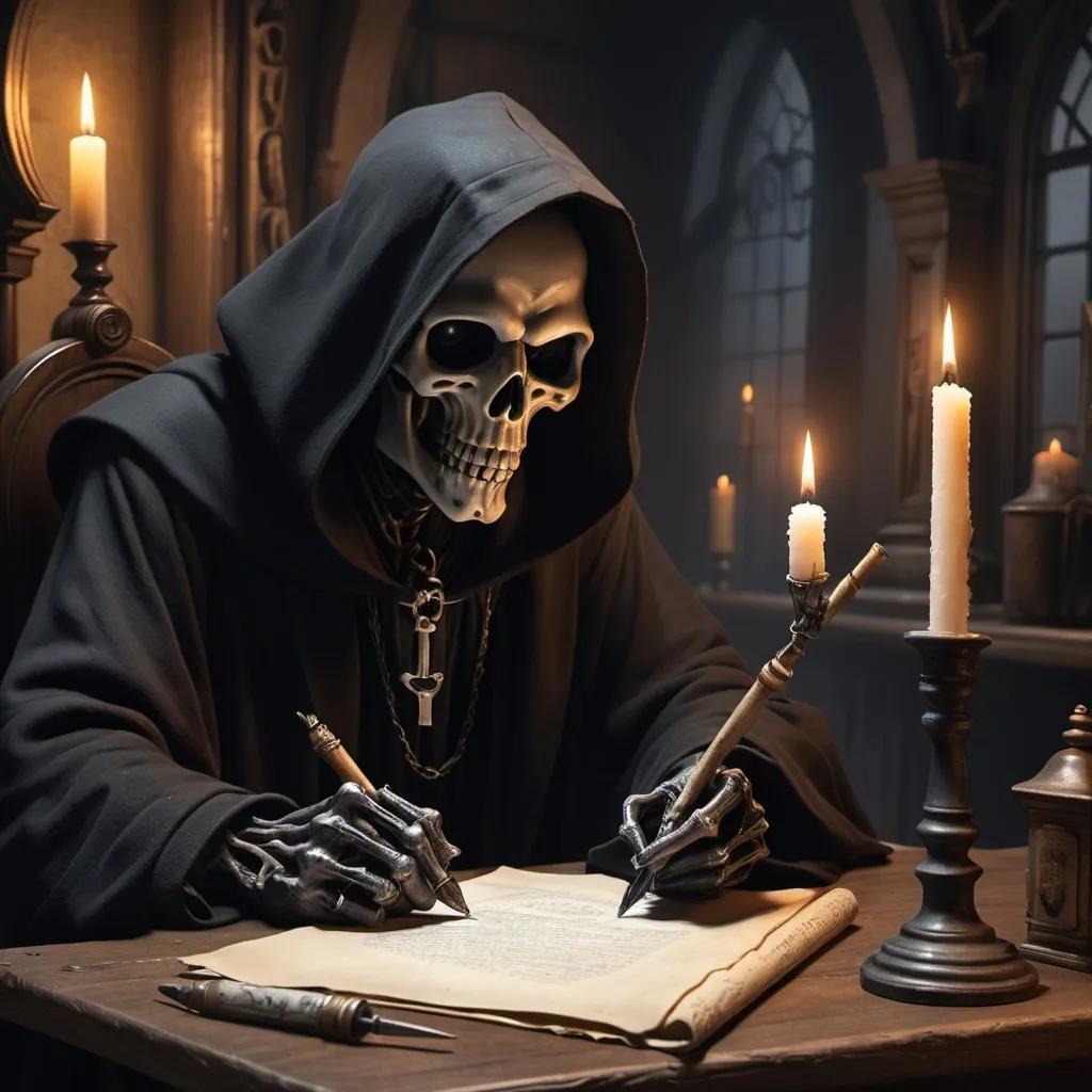 Prompt: Grim reaper sitting at a table writing with a quill pen on a scroll with a single candle on the table.
Payphone in background