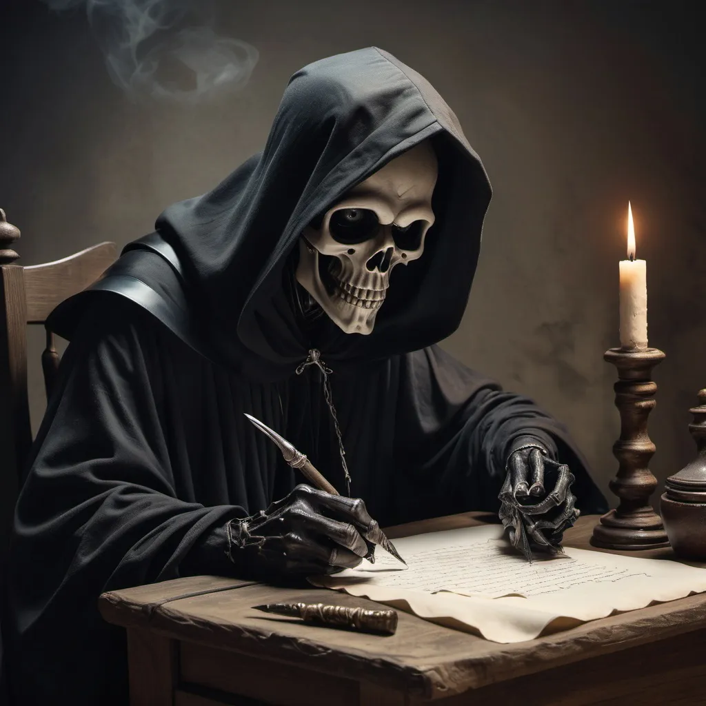 Prompt: The grim reaper sitting at a table writing on a scroll with a quill p with an old Phone on the table