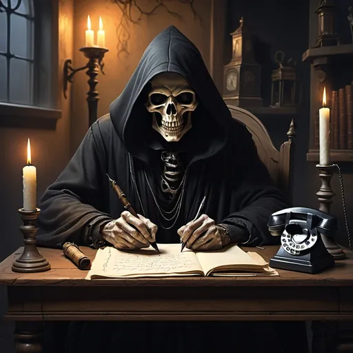 Prompt: Grim reaper sitting at a table writing with a quill pen on a scroll with a single candle on the table,
with Payphone in background