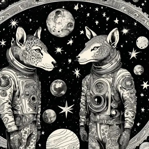 Prompt: Vintage clipart drawing of a 3 guys with animal faces in space, black and white, ink drawing. wonders