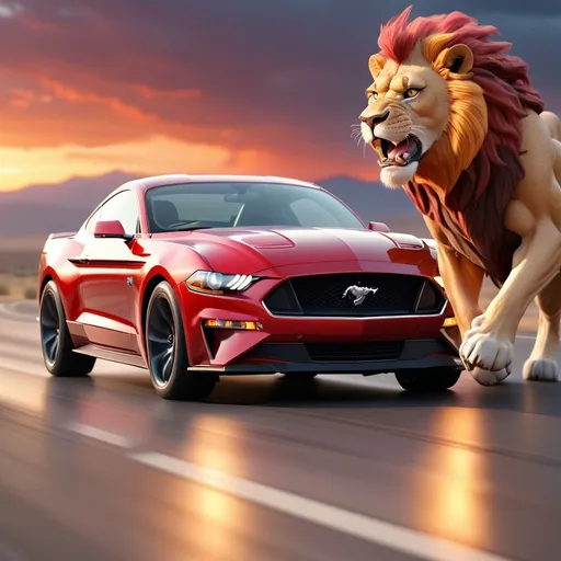 Prompt: (GT Mustang+fierce lion hybrid), powerful presence, sleek muscular body, roaring might, chrome sheen, vibrant colors, infused with energy, dynamic angles, rich detail, background of an open road under a dramatic sunset, warm tones illuminating the scene, representing strength and speed, ultra-detailed, 4K quality, visually striking.