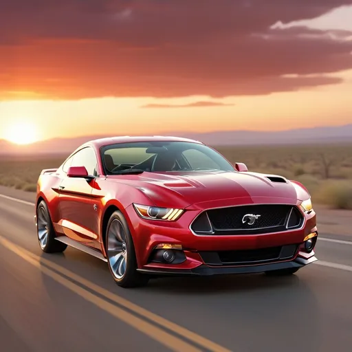 Prompt: (GT Mustang, fierce lion hybrid), powerful presence, sleek muscular body, roaring might, chrome sheen, vibrant colors, infused with energy, dynamic angles, rich detail, background of an open road under a dramatic sunset, warm tones illuminating the scene, representing strength and speed, ultra-detailed, 4K quality, visually striking.