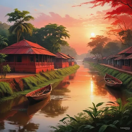 Prompt: (realism style), (warm color scheme), a vibrant depiction of Bangladesh's landscapes, featuring rich red hues in the scenery, lush greenery contrasting with crimson skies, tranquil rivers reflecting the warm sunlight, intricate details in architecture and cultural elements, immersive atmosphere evoking charm and serenity, ultra-detailed, visually captivating, harmonious blend of nature and culture, inviting and enriching ambiance.
