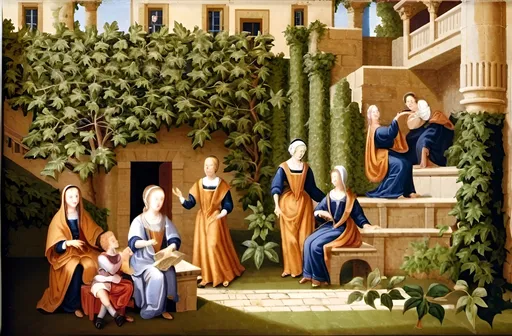 Prompt:  a group of people gathered in an outdoor courtyard with a stone building covered in lush green ivy. There is a staircase on the right where some individuals are standing, while others are seated or standing in the garden. The scene features a mix of adults and children, creating a casual, friendly, and multi-generational atmosphere. The large tree on the right adds a natural and picturesque element to the composition.