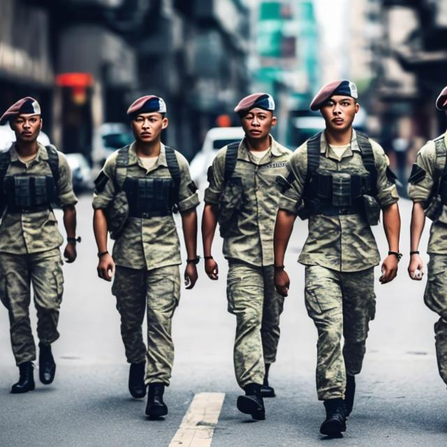 Prompt: 7 soldiers in city, walking