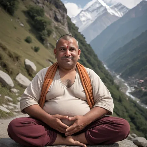 Prompt: Relaxed yogi in the Himalayas, realistic photograph ,detailed facial features, high quality, realistic, natural color palette, soft natural lighting, detailed clothing. A bit overweight . Casual pose . Humoristic 