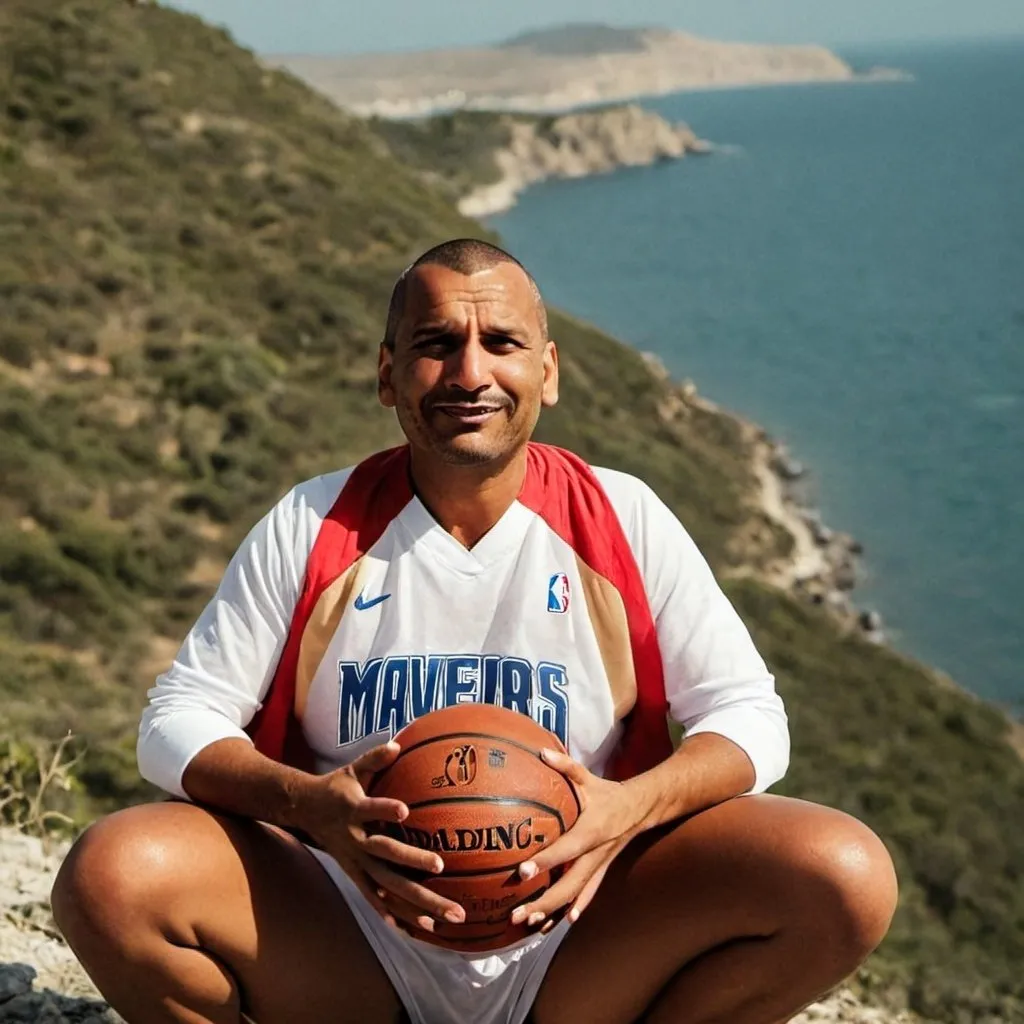 Prompt: Jodi holding a basketball dressed with Dallas mavericks colours . Smiling at the camera and having a r-shirt . Sunny landscape . At the beach . Somewhere in a Greek island .