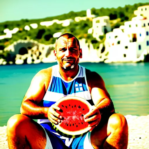 Prompt: bearded yogi dressed in Greek national team basketball clothes . Holding a big piece of watermelon half eaten . It s summer and it s very hot . He is sweating . He is overweight . He is very tanned from the sun . 