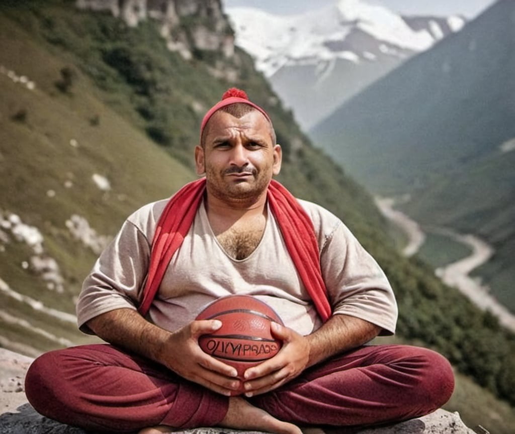 Prompt: A yogi with a cap of the team Olympiacos and a basketball. Bearded face . Slightly overweight .