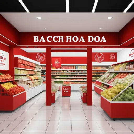 Prompt: create logo grocery store, name is Bach Hoa Do , with 2 color red and white , design panel , font times new roman