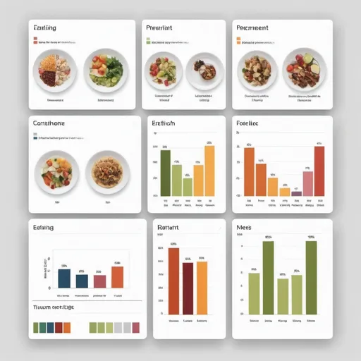 Prompt: Create a landscape image that shows the analysis of the eating patterns of four people in a family. Focus on simplicity rather than adding too much detail (e.g., bar charts, percentage of goals met, avatar of the users). Use a plain white background.