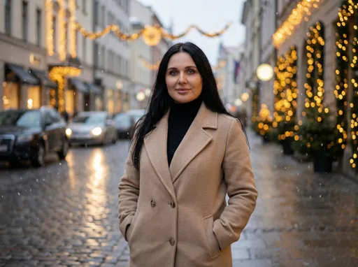 Prompt: @se0b6fAblc9LwaXLTBFe Photorealistic winter street portrait of an elegant woman standing in a festive European city at dusk. Soft falling snow, cinematic shallow depth of field, warm golden Christmas lights and garlands glowing in the background, cozy holiday atmosphere. The woman has natural, realistic facial features, calm confident expression, long dark hair, subtle makeup. She is wearing a beige wool coat over a black turtleneck, hands in pockets. Street behind her with softly blurred cars, wet pavement reflecting lights, gentle bokeh highlights. Natural skin texture, accurate proportions, realistic fabric folds, true-to-life lighting and shadows. Shot on a professional full-frame camera, 85mm lens, f/1.8, ultra-detailed, cinematic color grading, soft contrast, high dynamic range, elegant and timeless look.
Negative prompt: cartoon, illustration, CGI, overprocessed skin, plastic face, exaggerated features, distortion, harsh lighting, flat colors, blur on face, artifacts, watermark, text, logo, AI look