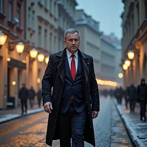 Prompt: A confident middle-aged man walking toward the camera on a snow-covered cobblestone street at dusk, wearing a tailored dark navy suit, white shirt, bright red tie, and a long black overcoat dusted with falling snow. Cinematic winter atmosphere, softly falling snowflakes visible in the air. Warm glowing vintage street lamps line the street, contrasting with the cold blue evening sky. Classical European architecture with columns and ornate facades in the background, softly illuminated windows creating depth. Low-angle perspective, strong leading lines, shallow depth of field. Ultra-realistic photography, natural skin tones, sharp facial features, dramatic yet elegant mood, professional fashion portrait, cinematic lighting, high detail, 85mm lens look, f/1.8, HDR, 8K realism.
Negative prompt:
cartoon, illustration, CGI, over-processed skin, plastic face, blurry, low resolution, distorted anatomy, extra limbs, exaggerated proportions, unrealistic lighting, oversharpening, artifacts, watermark, text, logo
Optional settings (if available):
Style: Photorealistic / Cinematic
Lighting: Film noir winter evening
Aspect ratio: 2:3
Seed: random
CFG: medium–high