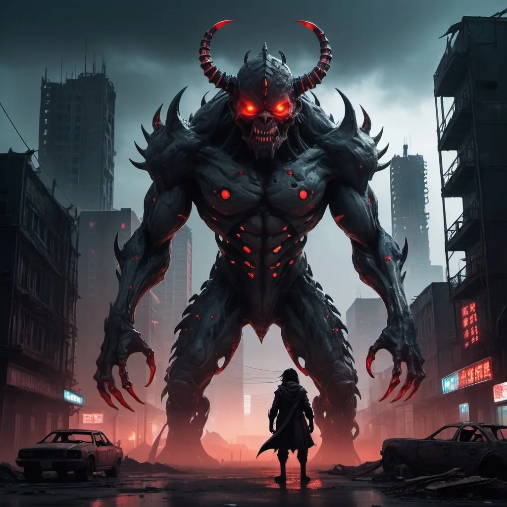 Prompt: A futuristic monster in a dystopian future inspired by Demon Slayer. The monster has a sleek, menacing appearance with metallic scales, glowing red eyes, and sharp, mechanical limbs. The setting is a desolate cityscape with ruined buildings, flickering neon lights, and a dark, ominous sky. The atmosphere is eerie, with mist and shadows enveloping the scene.

