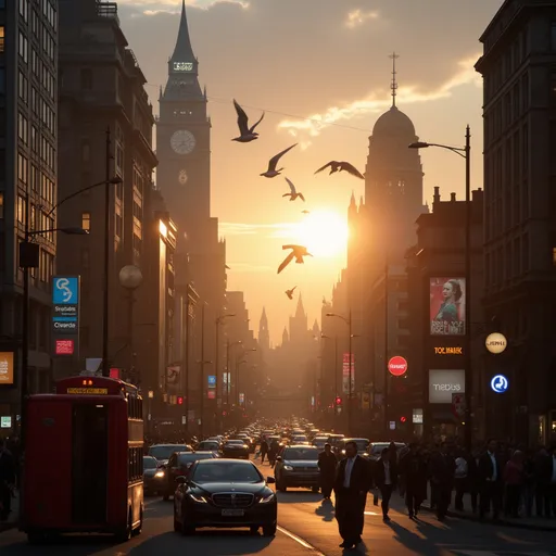 Prompt: London 100 years in the future following a zombie apocalypse. The image should be at dawn with the sun rising for a new day