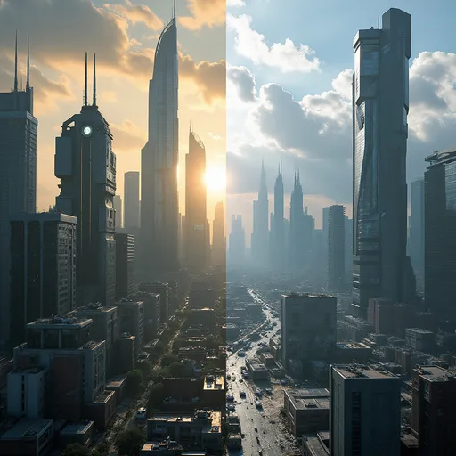 Prompt: A futuristic cityscape. The image should be split down the middle. The left side of the image the city should be run down and war torn. The right side of the image the city should be like a utopia