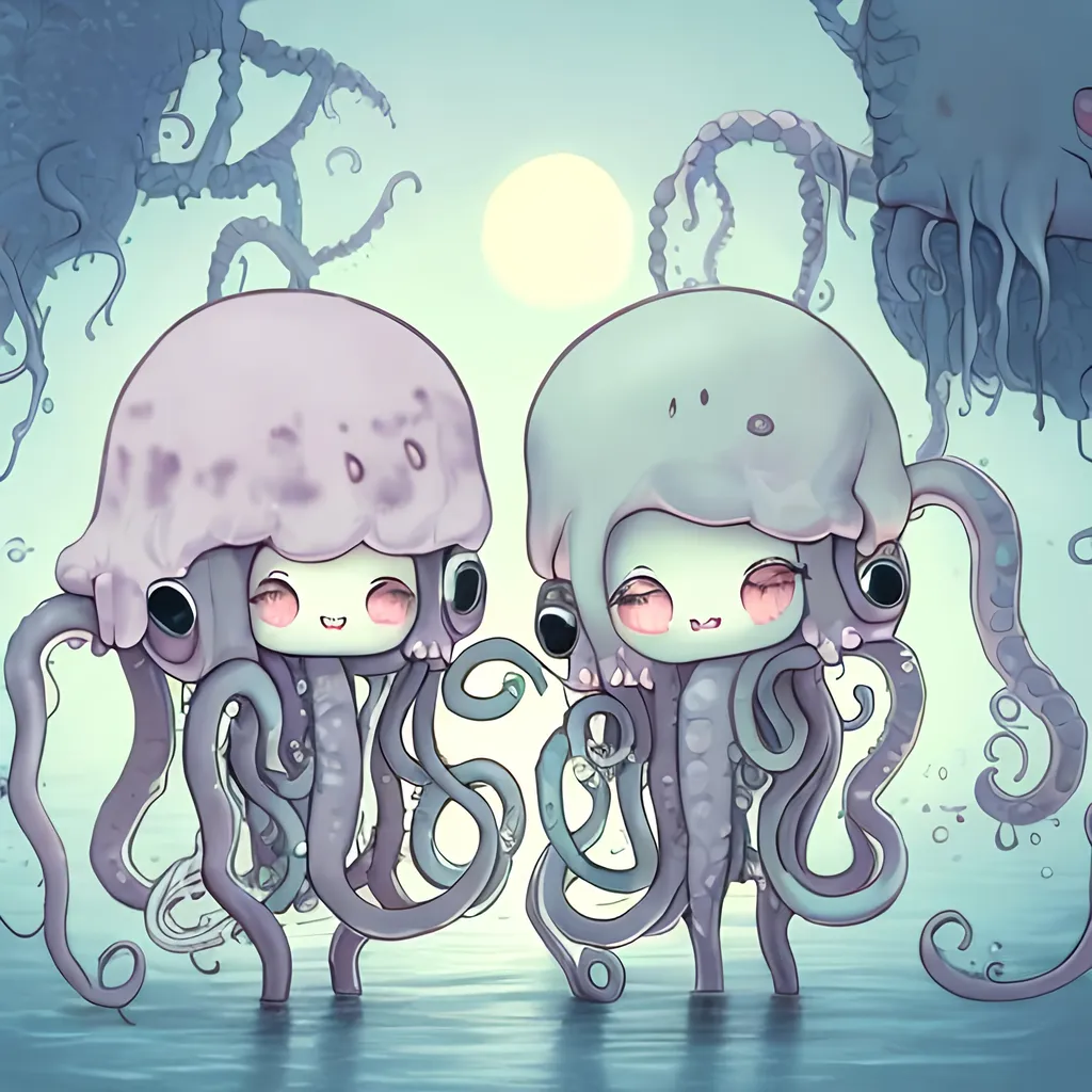 Prompt: Two pastel colored chibi lovecraftian horrors holding tentacles and enjoying a night on the town. 