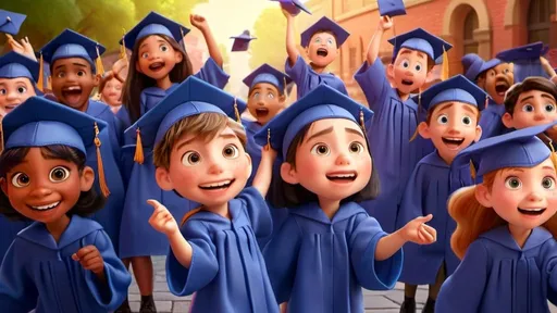 Prompt: Disney-style illustration of young kids in graduation gowns, Banner "2023/2024", playful jumps and hat throws, vibrant colors, joyful expressions, detailed facial features, high-quality rendering, octane render, playful, graduation, happy, vibrant colors, detailed faces, joyful poses, kids, group picture, professional lighting