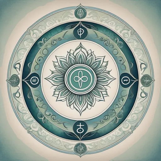 Prompt: (accurately spelled text "Voucher"), Voucher for tattoo, (mindfulness symbol) in the center, elegant and modern design, soft, calming color palette, muted blues and greens, intricate details surrounding the symbol, ethereal ambiance, high quality, clean lines, visually appealing layout, suitable for a serene and mindful atmosphere, creatively minimalist composition.