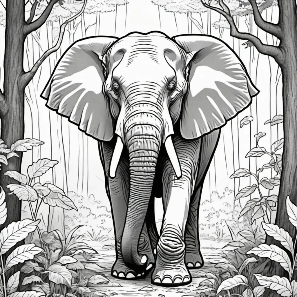Prompt: A coloring book page of a na elephant in the forest
