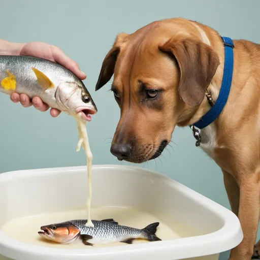 Prompt: a dog eating a fish in a tub of milk

