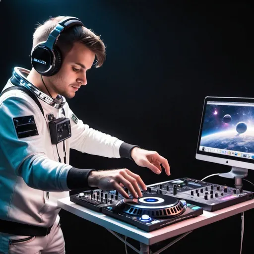 Prompt: EDM DJ paying music in space with a controller
 