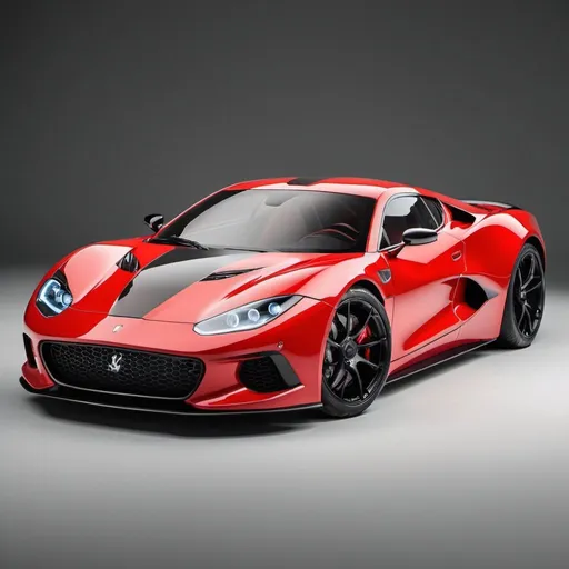 Prompt: design a sports car with hyper aerodynamics and midengine red color body paint and black alloy with a cheetah logo