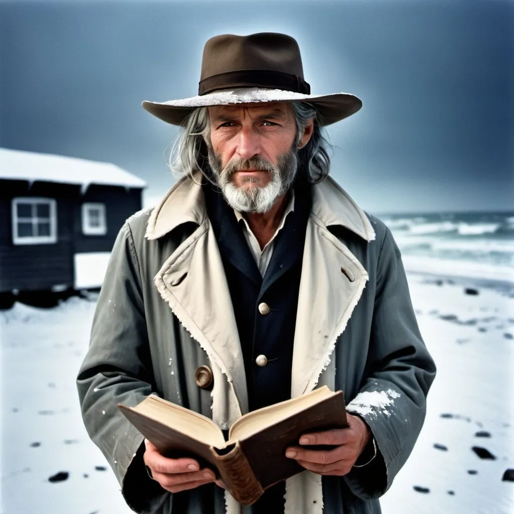 Prompt: dim, night film noir photography, long grey haired  with beard  and scruffy cloths street person with a scar over one eye, 1960s, holding book, snowy seascape background, worn out cream  rain coat, turned up coat collar and a large brimmed dusty cowboy hat, lots of snow everywhere, shadows