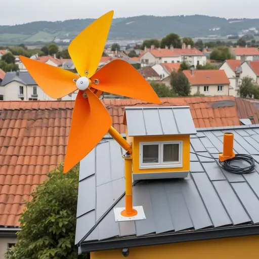 Prompt: girouette en forme d'éolienne jaune et orange avec une hélice diy bricolée pleine de capteurs sur le toit d'une maison, elle est connectée à l'internet of thing en wifi. Image en mode comics. pas réaliste.