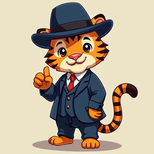 Prompt: create a character as SJVN guide. A tiger with soft gesture with navy blue suit and hat