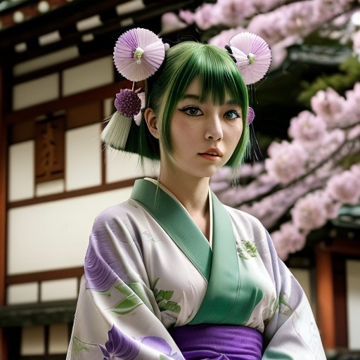 Prompt: japaneese woman     green  hair     purple eyes      white skin  kimono  japnese background