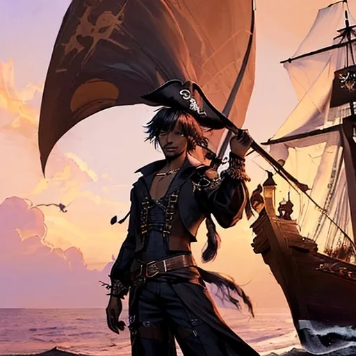 Prompt: (instant character creation), medium height half man half black cat, pirate attire, dramatic pose, small black cat on shoulder, standing on pirate ship, breathtaking sunset in background, warm tones of orange and purple illuminating the scene, adventurous and bold ambiance, intricate ship details in wood and sails, HD imagery, captivating and enchanting atmosphere.